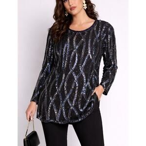 VTG Stenay Womens Silk Sequin Beaded Tunic Top Size 3X Black Glam Old Hollywood